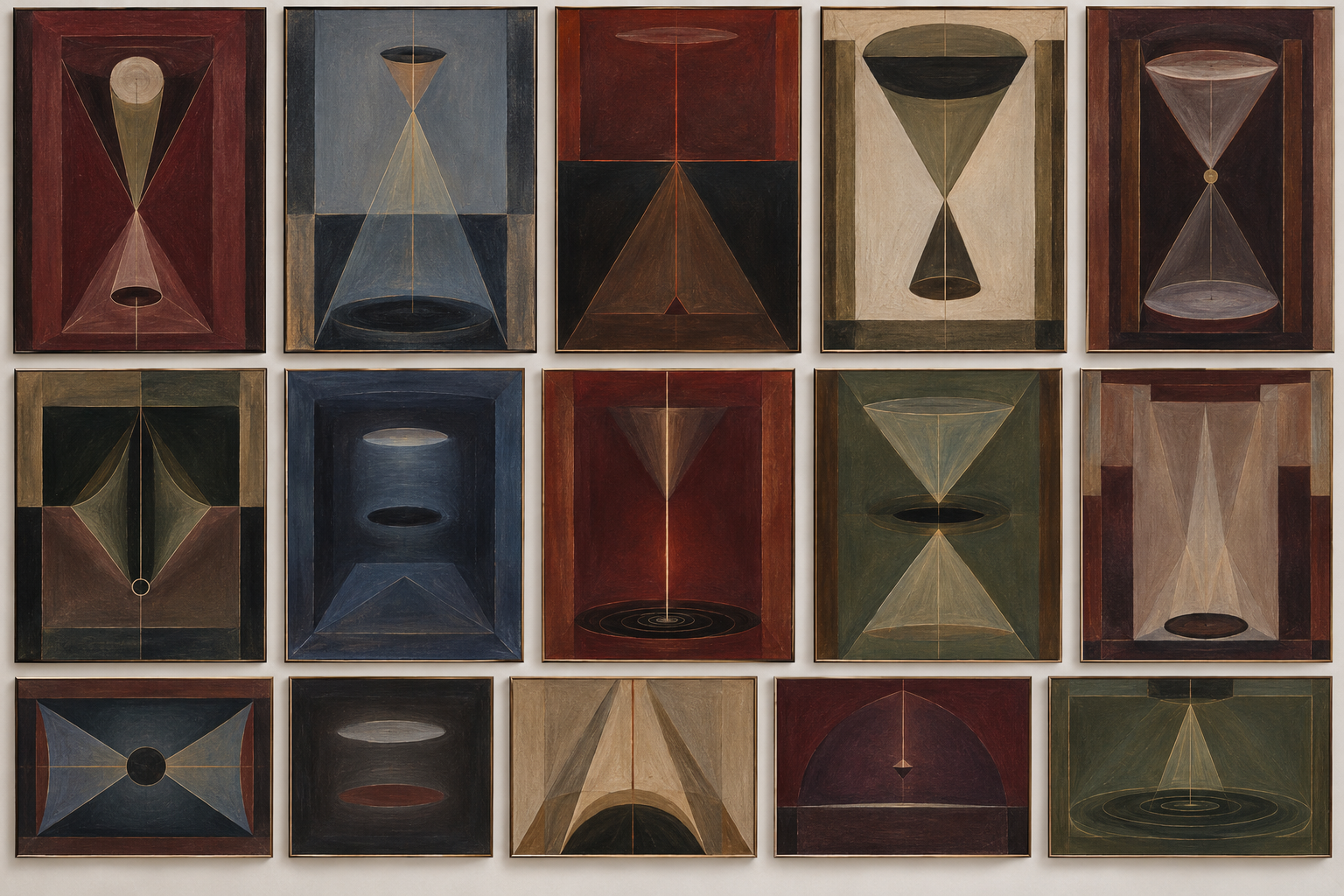 Fifteen geometric studio paintings arranged in three rows, with cones, circles, and fine vertical lines