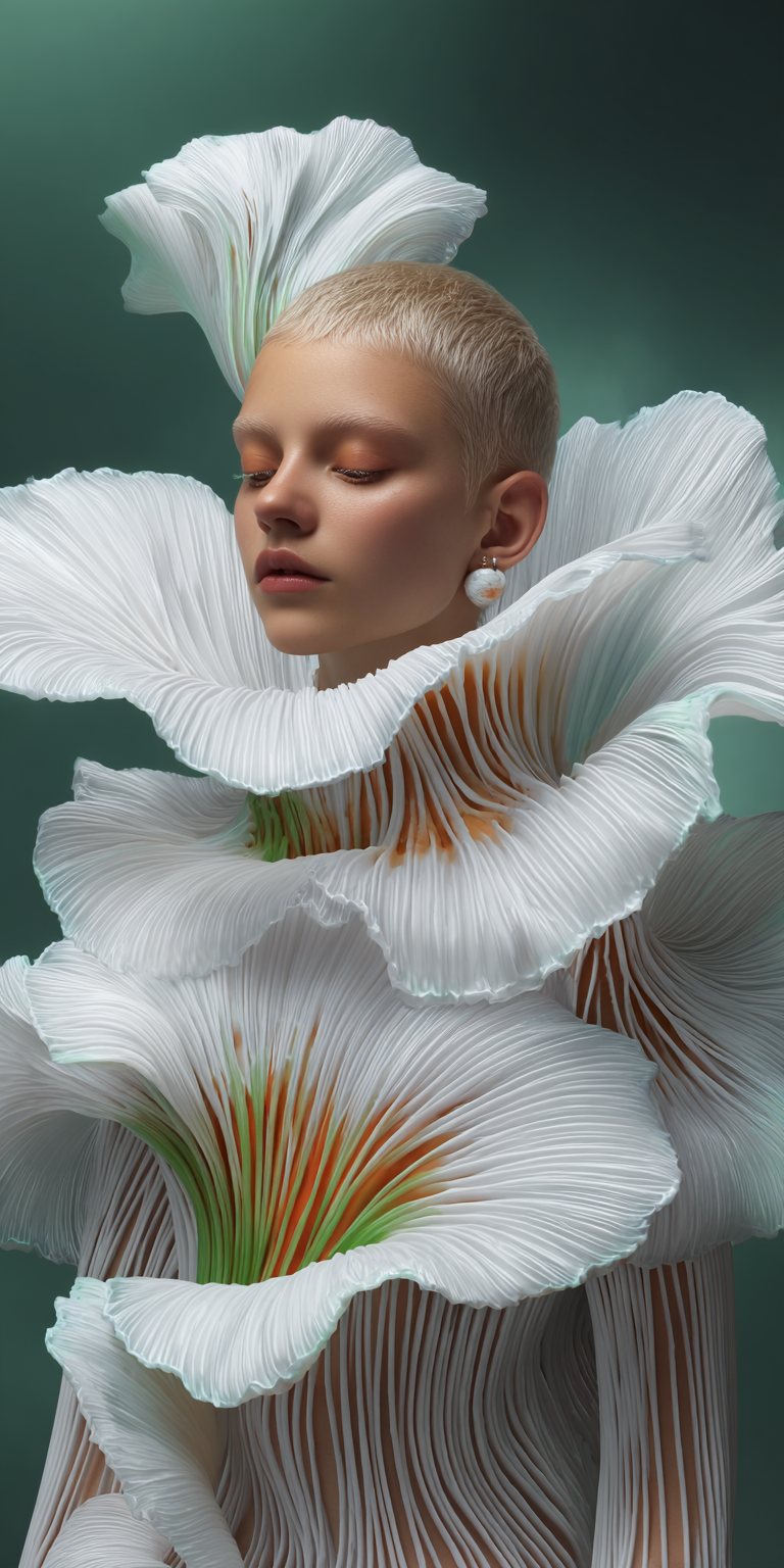 Editorial fashion photograph: a model with a platinum buzz cut wearing a sculptural white pleated garment with an orange and green gradient collar, against a deep green backdrop