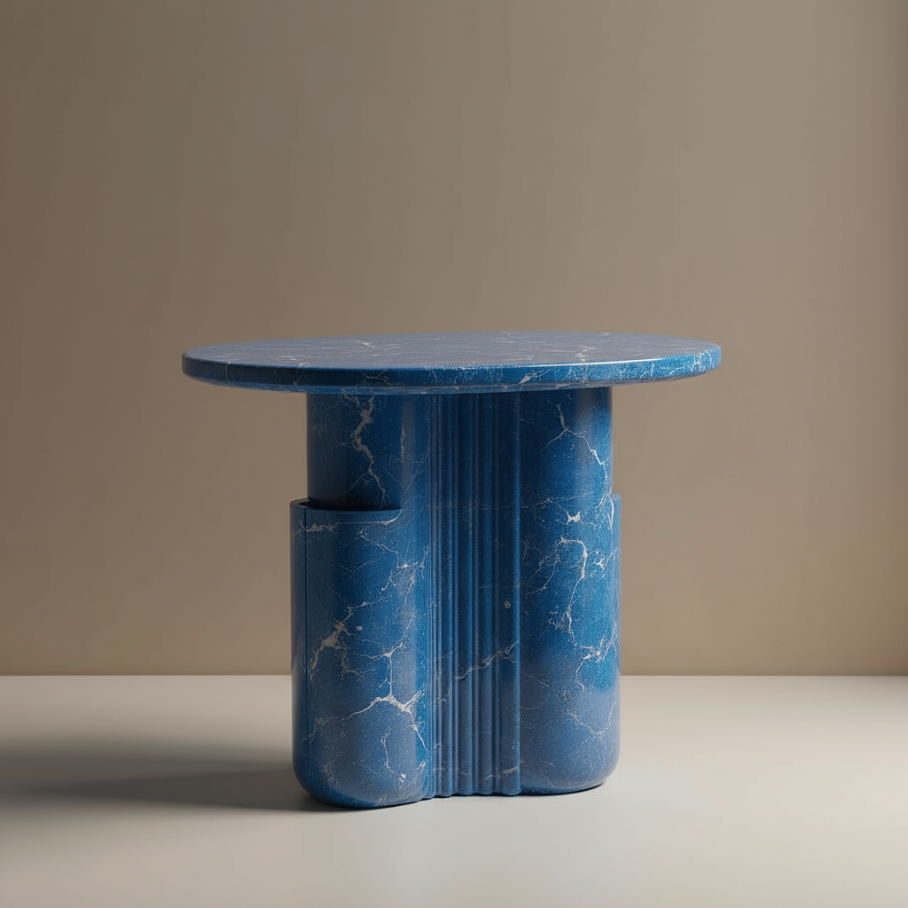 A cobalt blue marble table with an oval top on a pedestal of twin rounded columns recessed with vertical fluting, set against a muted warm-taupe wall