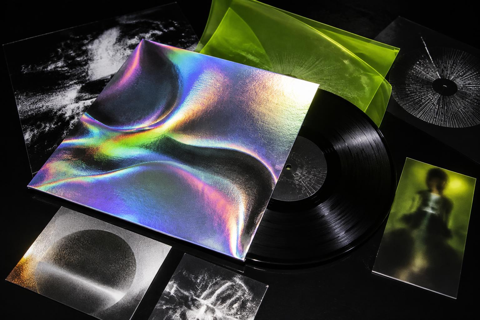Design Global — a holographic vinyl sleeve with a black record and art inserts arranged in a flat-lay on a black surface
