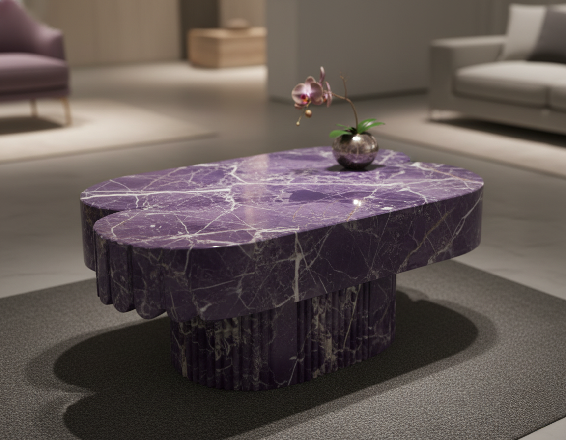 A heavy low coffee table in vivid violet marble with dense white veining and a scalloped fringe along one edge, a chrome vase of pink orchids on its top, stood on a charcoal rug in a living room