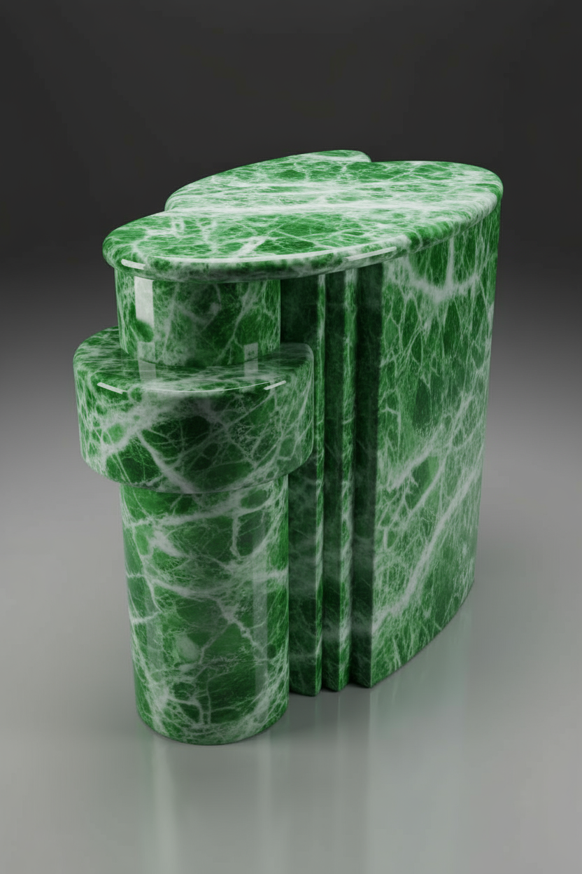 A polished green marble plinth with an offset stepped collar and vertical fluting, on a dark reflective studio floor