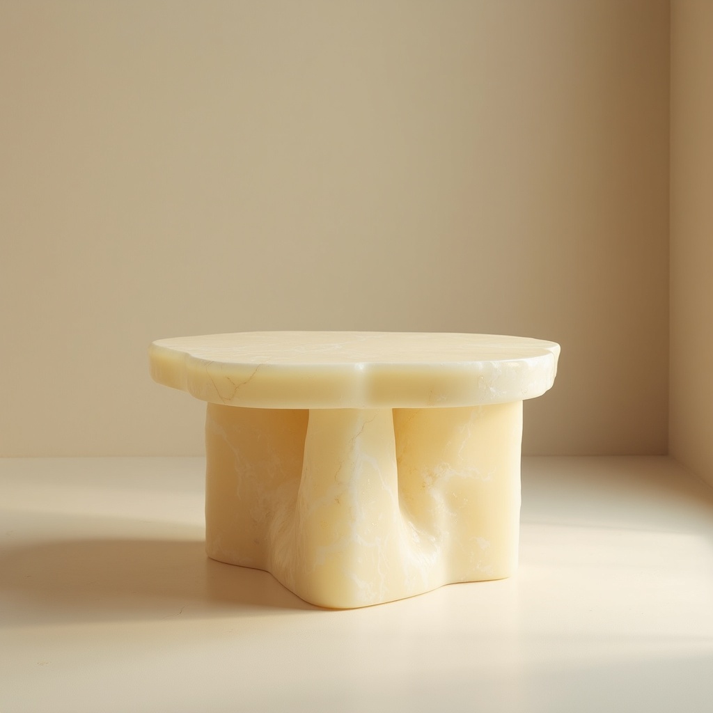 A low sculptural table in pale cream veined stone, its softly lobed flat top held by an undulating pedestal base with fused feet, in a sand-coloured studio corner