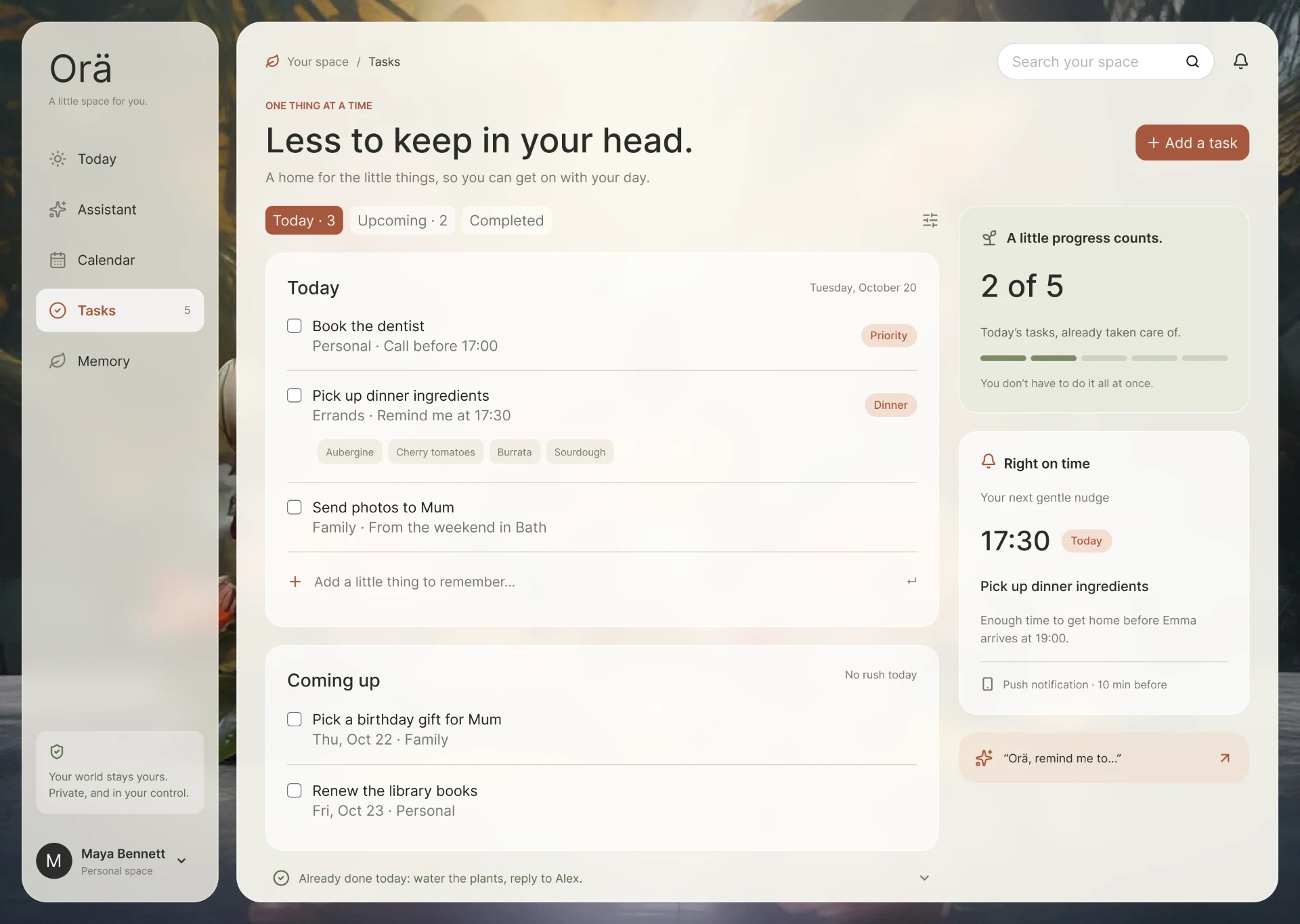 Orä Tasks view with today’s tasks and a gentle reminder