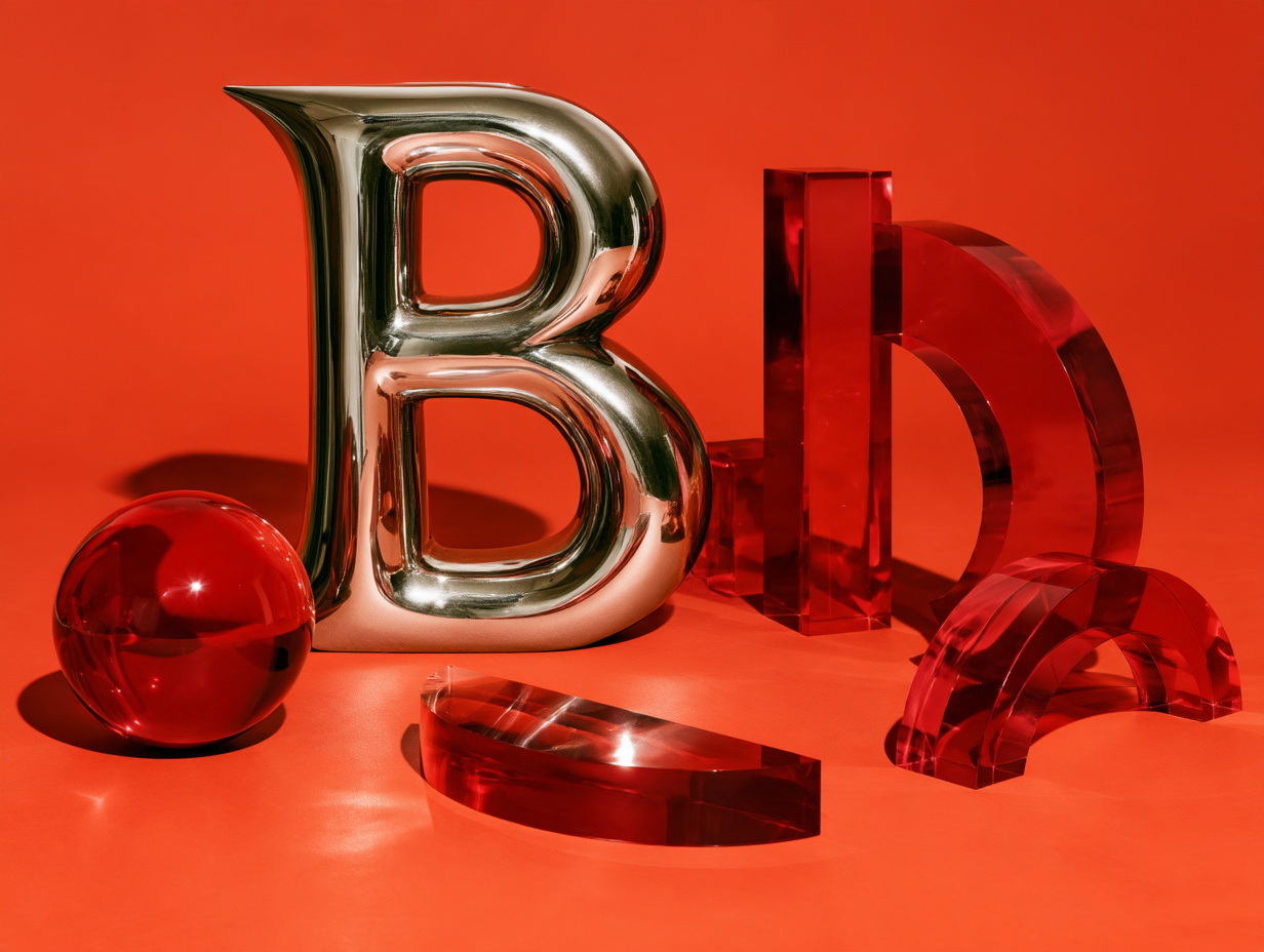 Brandify — a polished silver capital B standing among ruby-red glass shapes, a sphere, an arch and a curved slab, on a saturated red studio ground