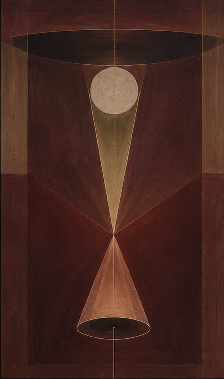 Studio painting: a burgundy hourglass composition with a pale sphere and dark ellipse