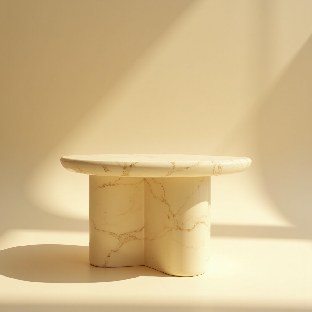 A low ivory marble table with subtle tan and gold veining, its thick rounded top carried on smooth lobed legs, lit by diagonal sunlight in a cream studio
