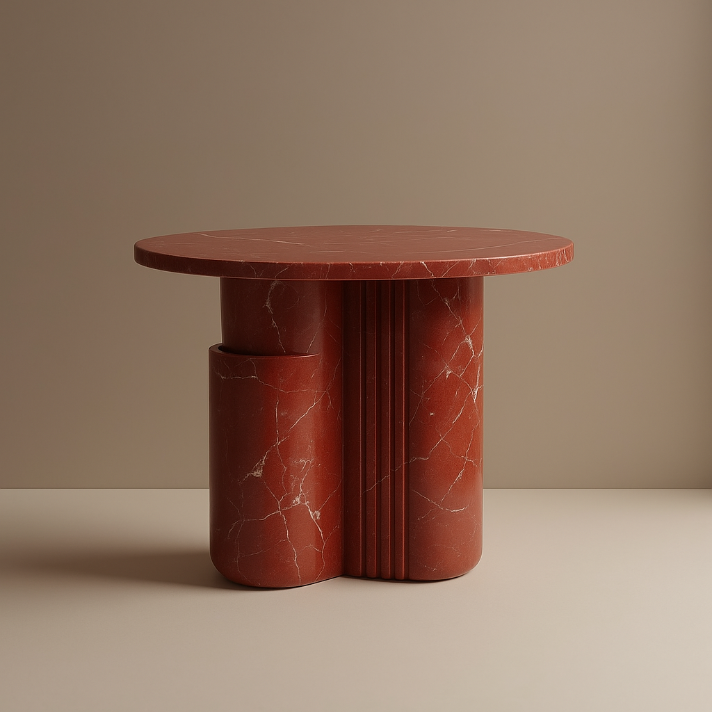 A round rust-red marble table with fine white veins, its base of offset cylindrical forms cut with three vertical fluted grooves, against a seamless warm sand backdrop