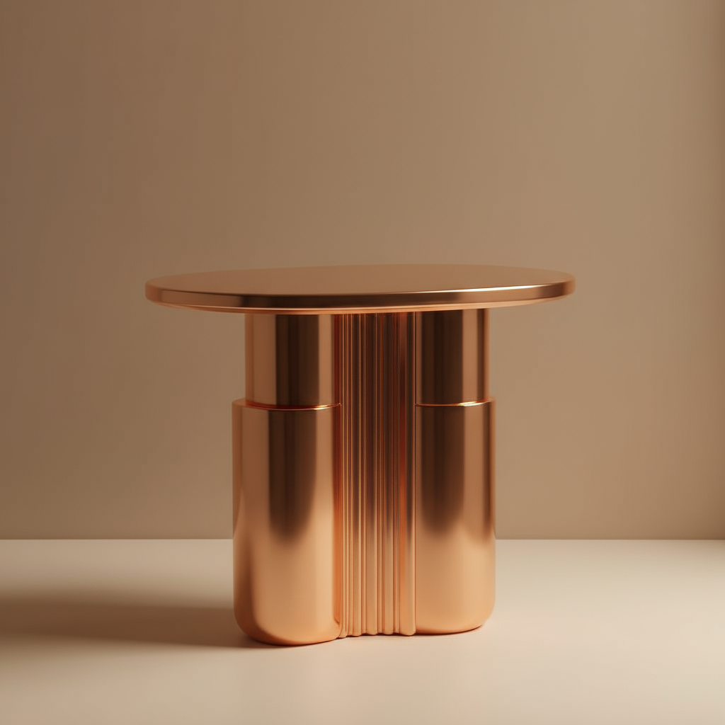 A polished rose-gold pedestal side table with a pill-shaped top and a stepped base of two rounded cylinders joined by a reeded column, in a warm beige studio