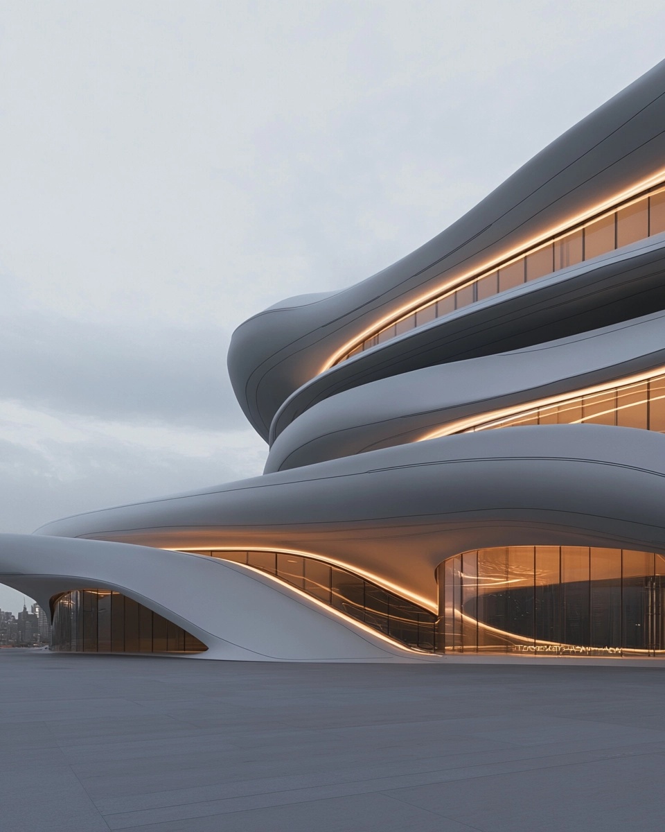 Sculptural white building whose curved tiers sweep upward, its bands of glass glowing at dusk