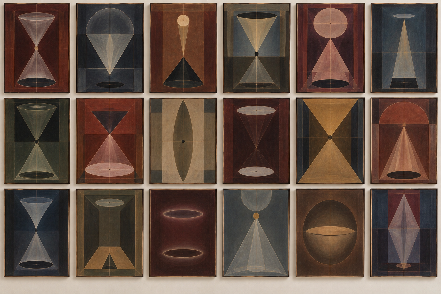 Eighteen framed paintings arranged in three rows of six, exploring hourglasses, ellipses, and balanced geometric forms