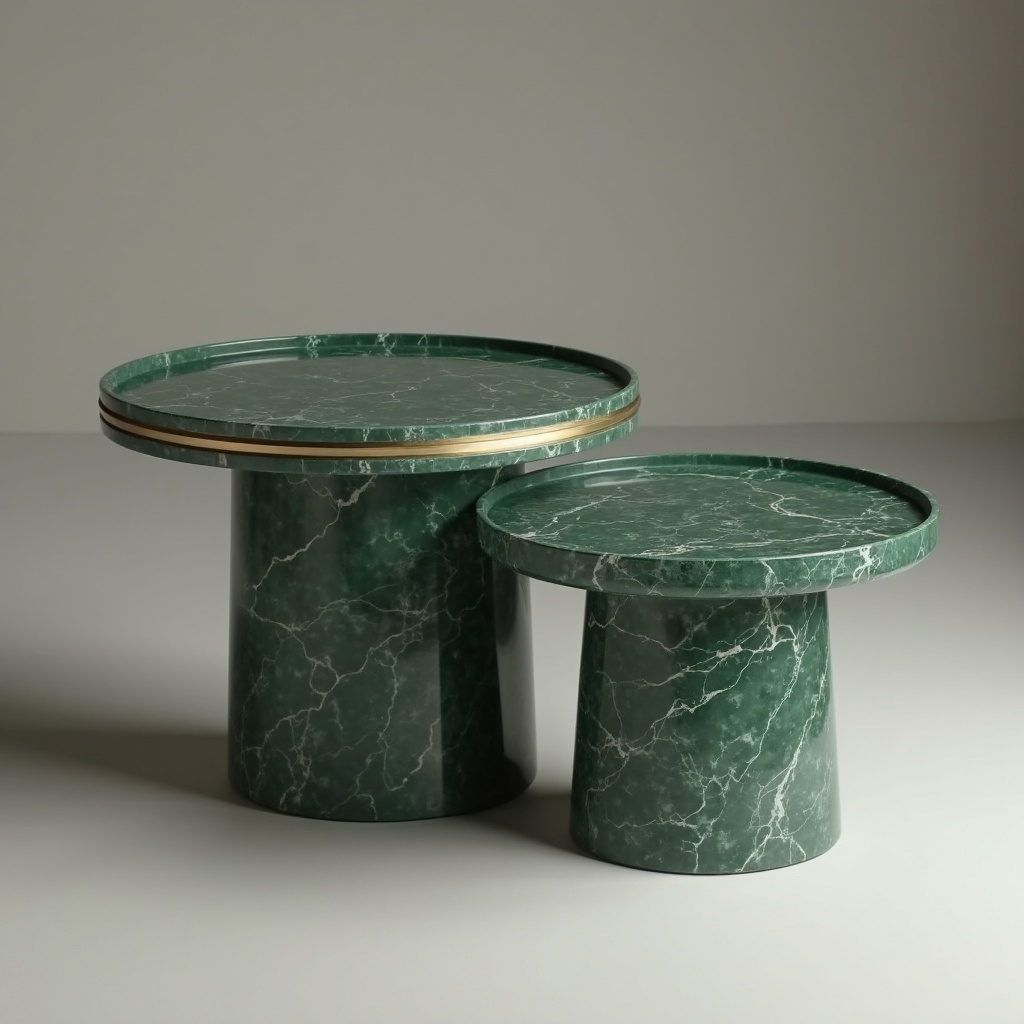 Two round green marble tables of different heights with raised tray rims, the taller edged with a thin brass band, on a pale studio floor