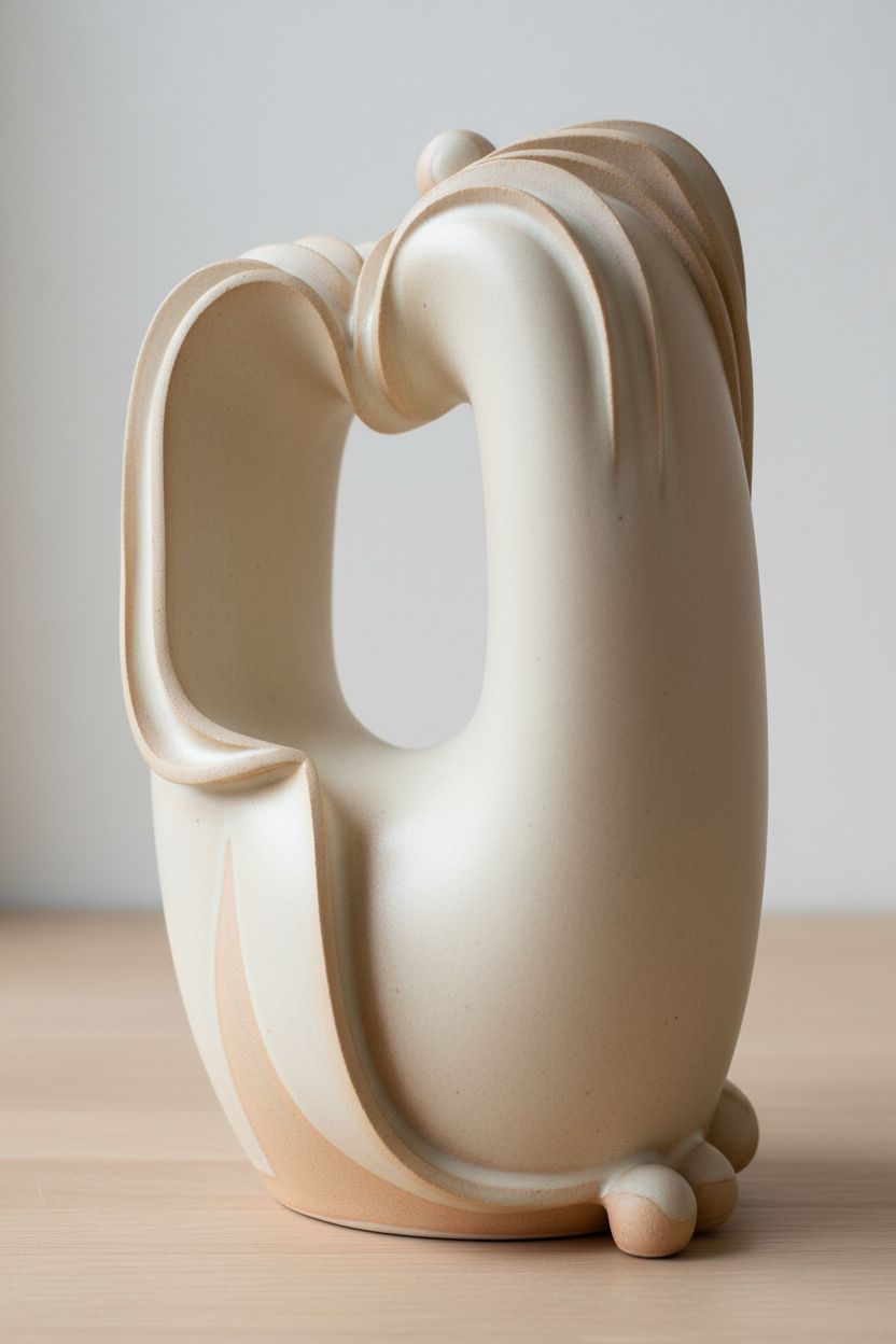 A matte unglazed ceramic vessel in warm ivory, hollow at the centre with ribbed crests and small spherical feet, standing on a light wood surface