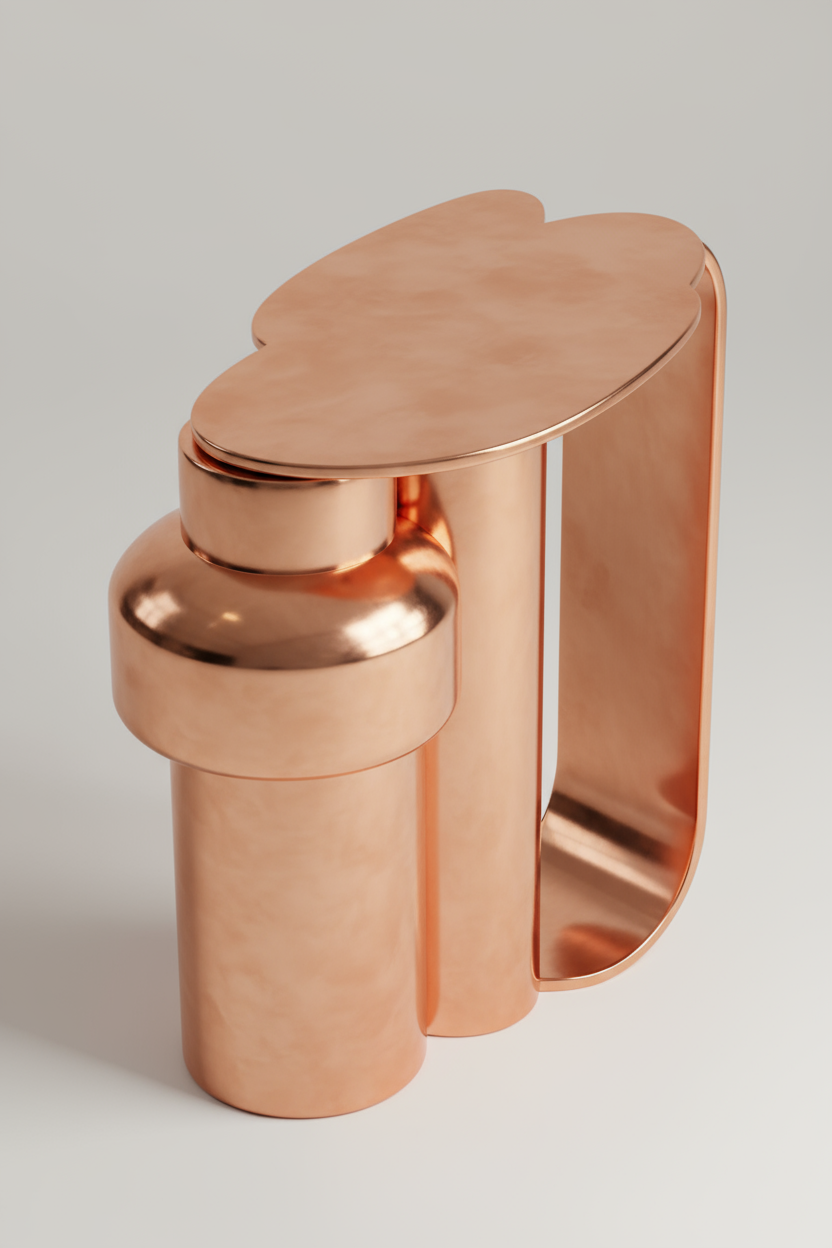 A tall polished copper side table with a cloud-contoured top, stepped cylindrical columns and a vertical curved ribbon handle, photographed from above on a seamless off-white sweep