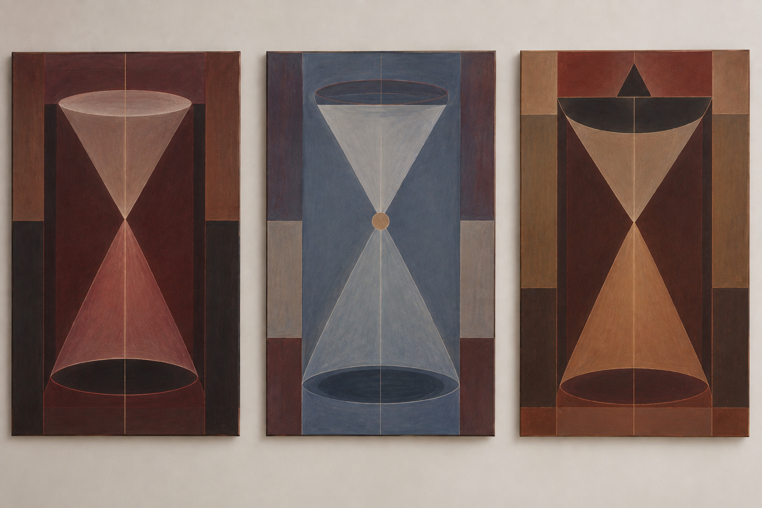 Three hourglass paintings in burgundy, blue, and amber displayed on a pale wall
