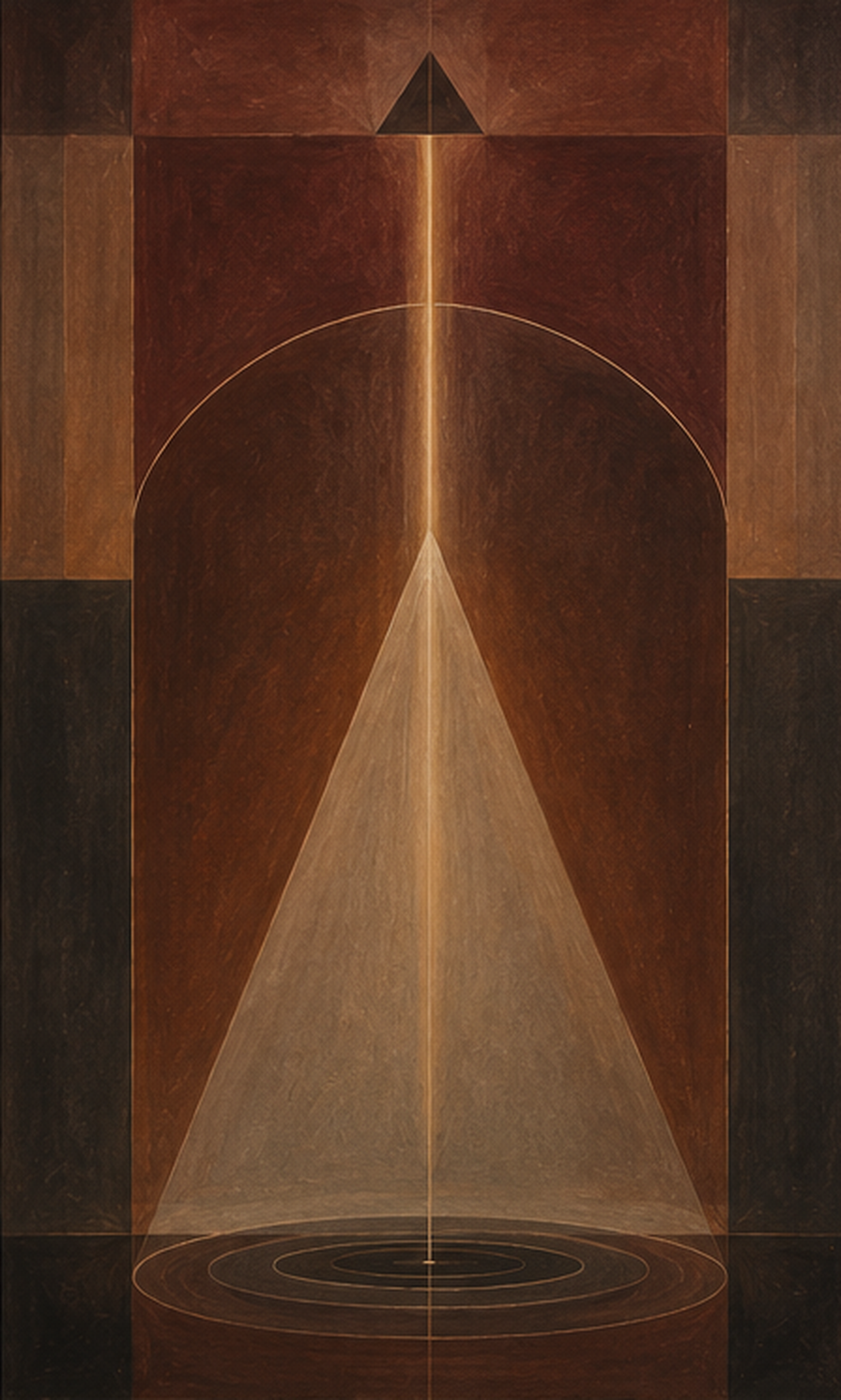 Studio painting: an amber and umber composition with an arch and rising cone