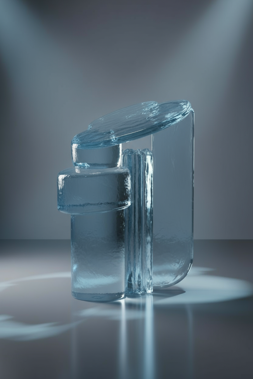 A pedestal of rippled translucent cast glass in pale aqua: a cylinder with a rounded collar, a fluted column, an upright panel and a slanted thick disc top, on a reflective floor with pools of refracted light