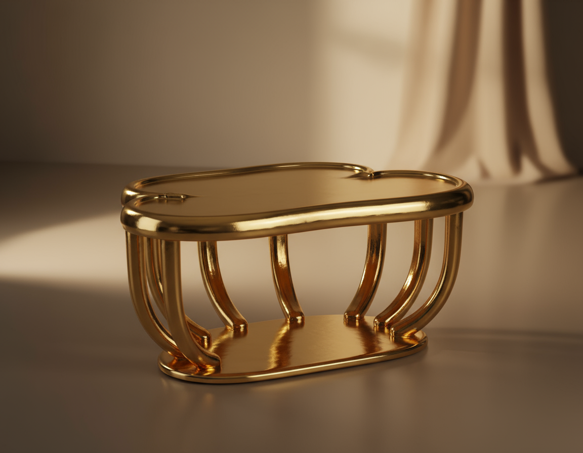 A low coffee table in polished brass: a lobed tray top with a raised tubular rim carried on eight curved tubular struts above a matching base plate, in a warm beige interior with a soft fabric drape behind