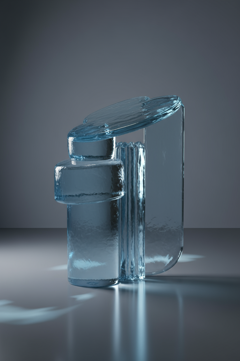 A sculptural assembly of semi-translucent cast glass with an icy blue tint: a tiered pedestal, a fluted column, a curved upright panel and a tilted oval slab, on a dark reflective floor