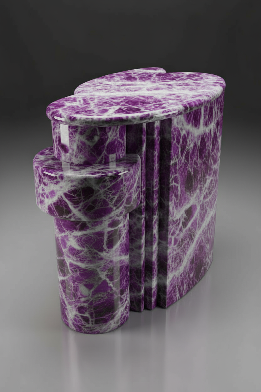 A polished violet marble pedestal with heavy crackled white veining, an elongated irregular top resting on stepped slabs and a segmented pillar with an overhanging collar, on a charcoal to grey gradient ground