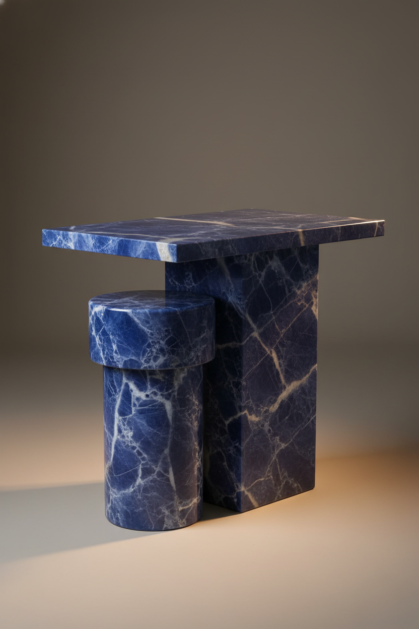 A cobalt blue marble side table ensemble: a cantilevered rectangular top resting on a heavy block leg, stood beside a stepped cylindrical pedestal, against a warm grey studio backdrop
