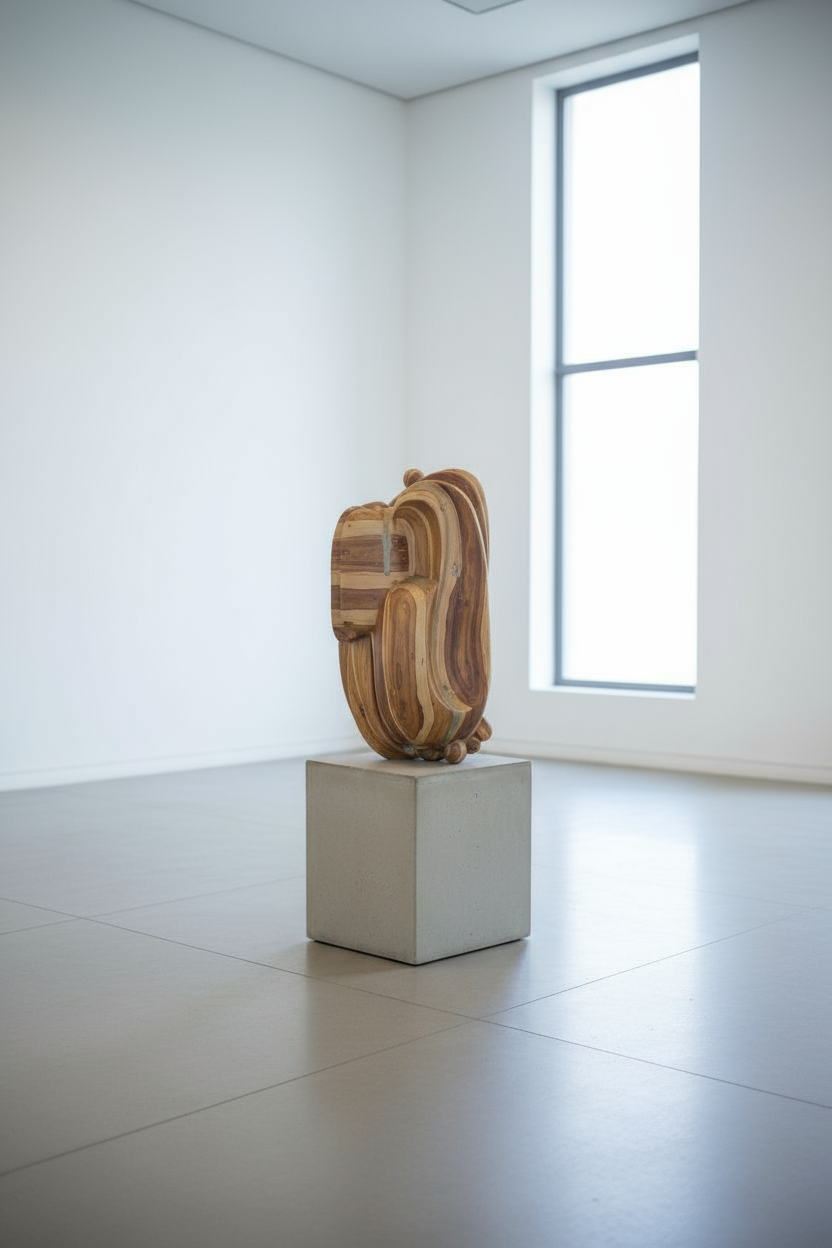 A biomorphic sculpture of layered laminated wood in blonde, caramel and deep brown grain, resting on a matte grey concrete plinth in a white gallery with pale floor tiles and a tall window at right
