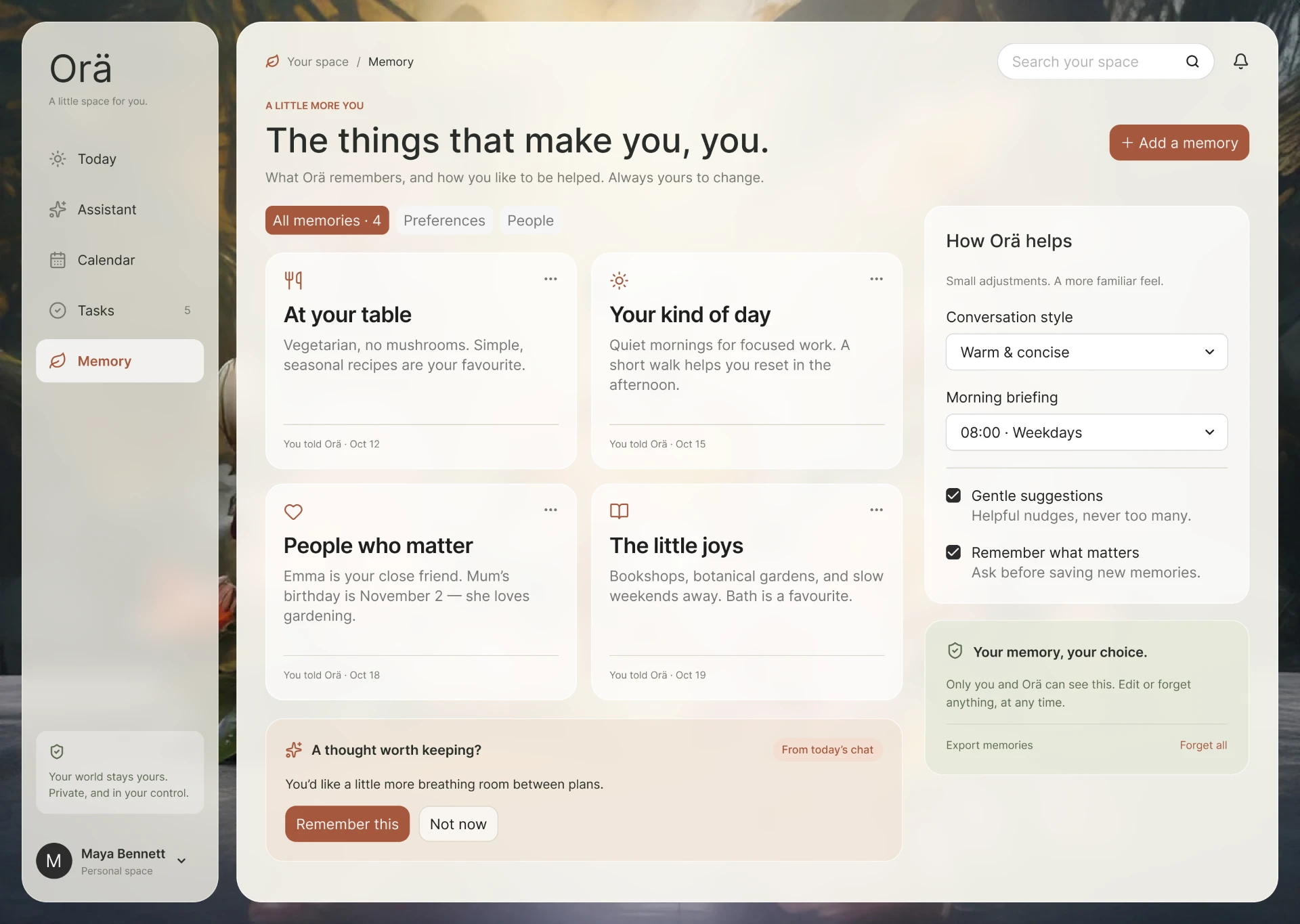 Orä Memory view with remembered preferences and privacy controls